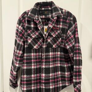 Teddy Fresh Fuzzy Plaid Snap Shacket in L